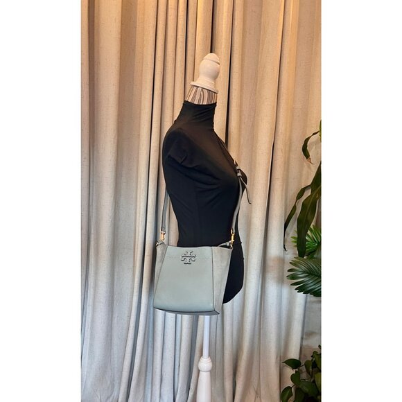 Tory Burch Pebbled Leather Mini Bucket Bag With Detachable Strap In Light Gray - Picture 8 of 10